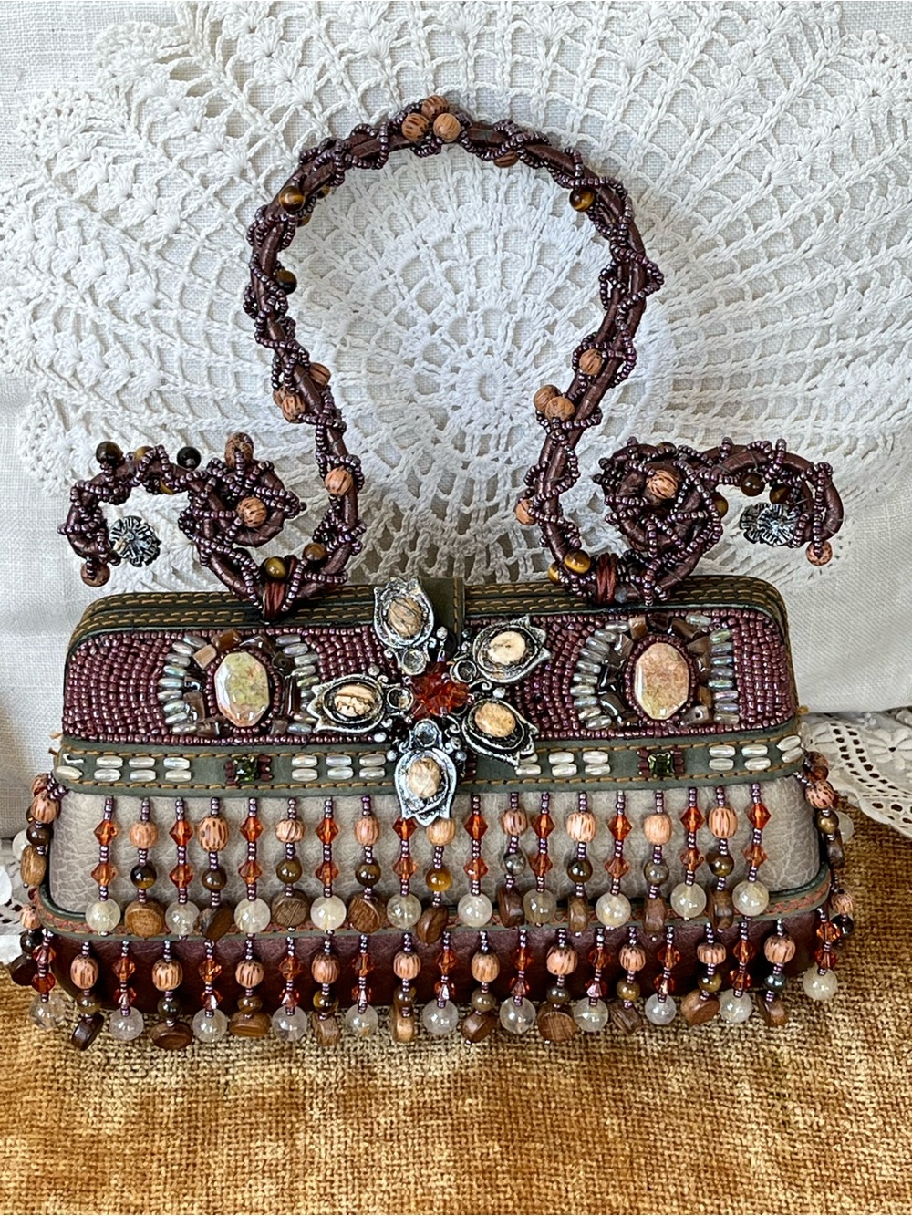 Mary Frances Beaded Vintage Beaded Fringe Hand Bag in Brown, Olive & Copper NWOT